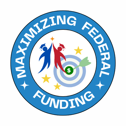 The maximizing federal funds section of the logo that highlights the ESSER initiative logo inside of a blue circle.
